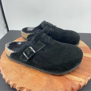 Birkenstock Boston Shearling Mule Clog Flat Black Suede Womens US Size 8 Euro 39